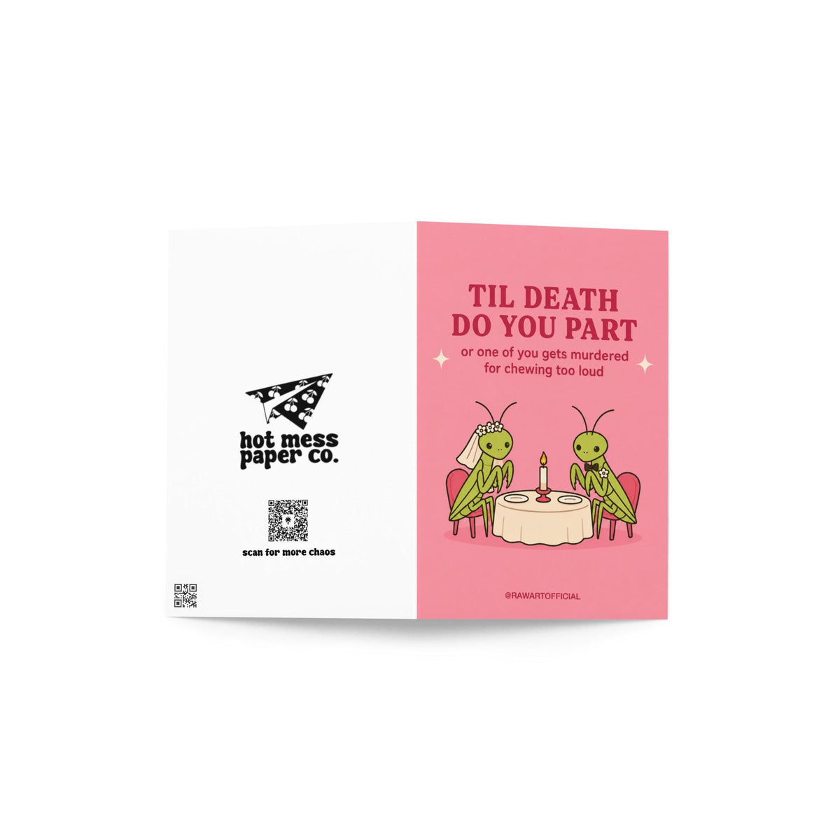 Funny dark humor wedding card featuring bride and groom praying mantises at a candlelit dinner with a joke about marriage and chewing too loud.