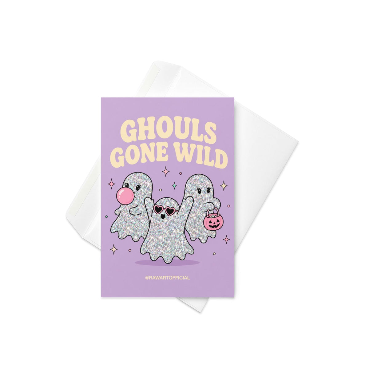 Lavender Halloween greeting card reading "Ghouls Gone Wild" featuring three glittery cute ghosts, one blowing bubblegum, one wearing heart sunglasses, and one carrying a pumpkin candy bucket.