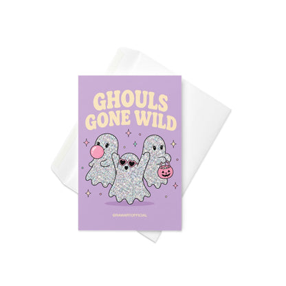 Lavender Halloween greeting card reading "Ghouls Gone Wild" featuring three glittery cute ghosts, one blowing bubblegum, one wearing heart sunglasses, and one carrying a pumpkin candy bucket.
