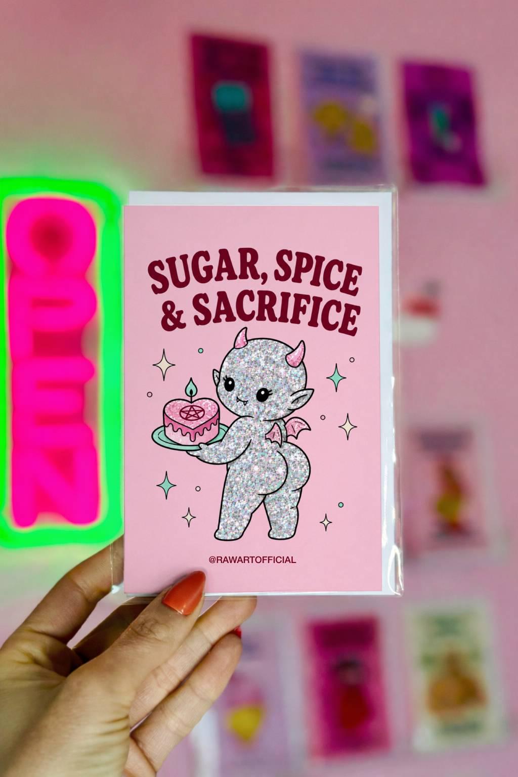 Pink funny Halloween greeting card reading “Sugar, Spice & Sacrifice” with a glittery cute devil holding a pink cake with a pentagram, photographed against a colorful pink card display.