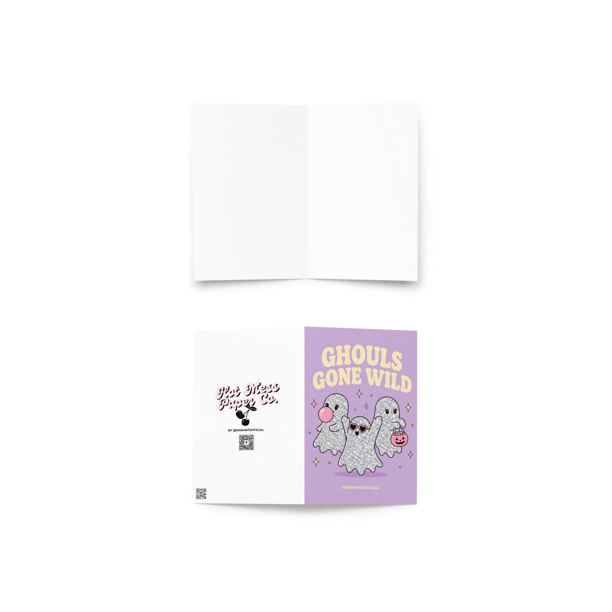 Lavender Halloween greeting card reading "Ghouls Gone Wild" featuring three glittery cute ghosts, one blowing bubblegum, one wearing heart sunglasses, and one carrying a pumpkin candy bucket.
