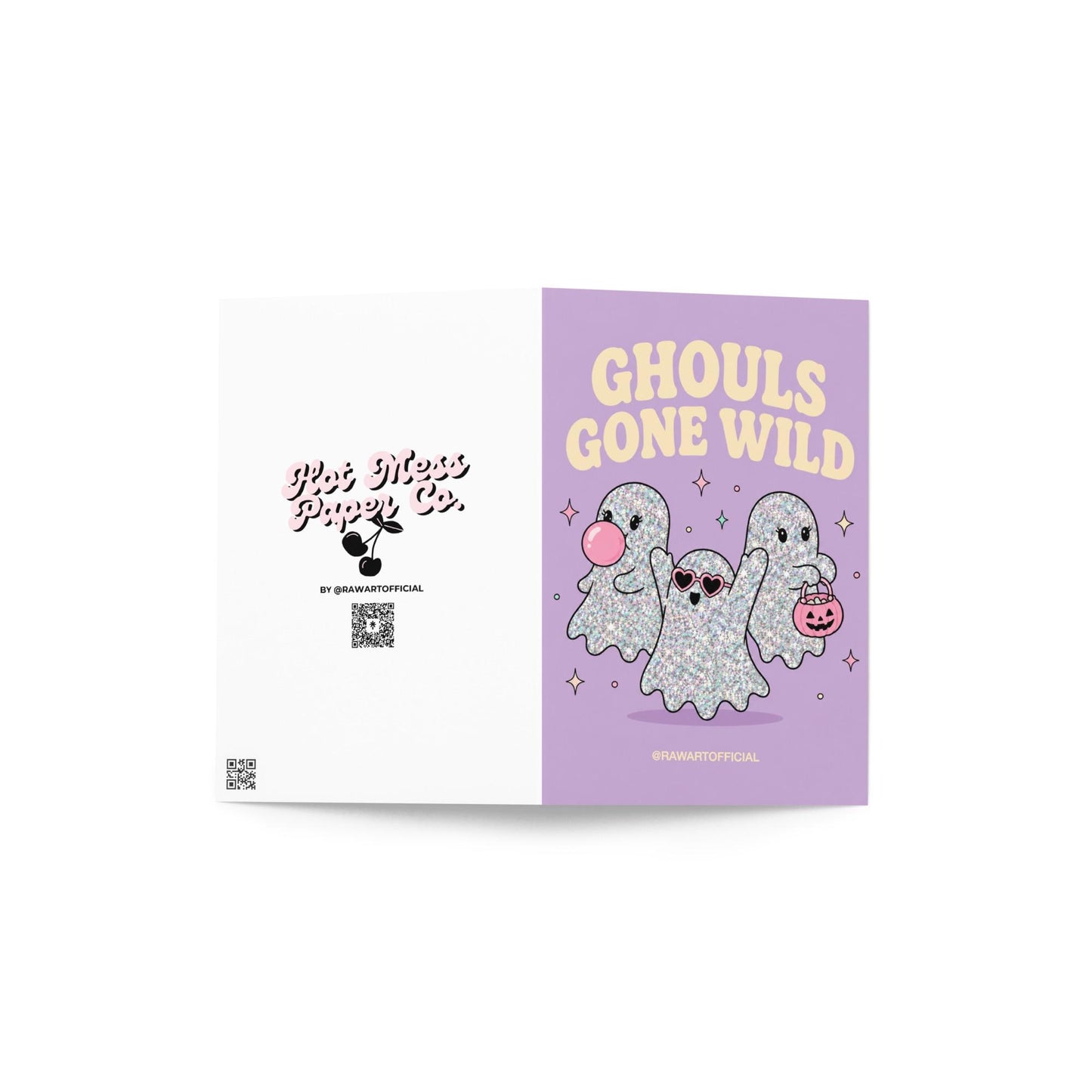 Lavender Halloween greeting card reading "Ghouls Gone Wild" featuring three glittery cute ghosts, one blowing bubblegum, one wearing heart sunglasses, and one carrying a pumpkin candy bucket.