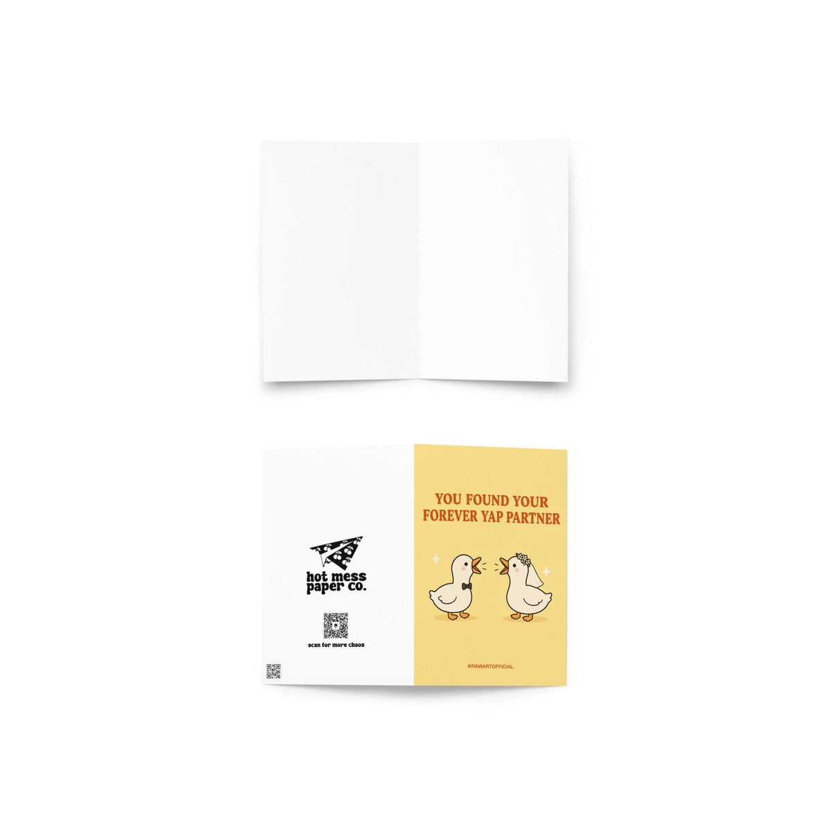 Funny wedding card featuring two cute geese dressed as a bride and groom with the phrase “You Found Your Forever Yap Partner.”