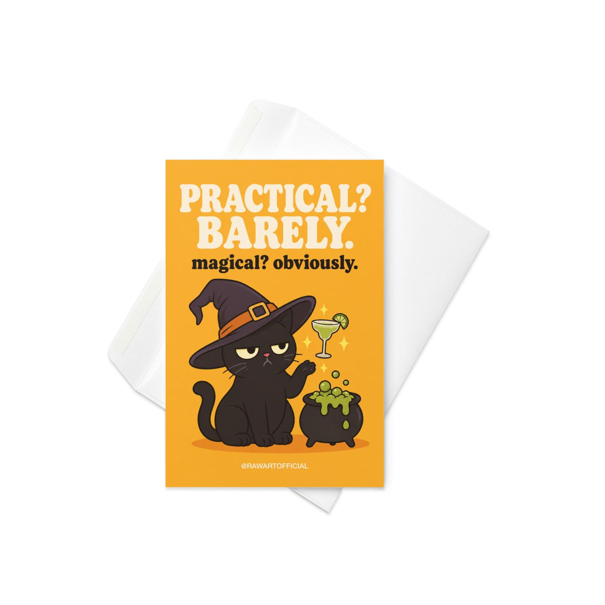 Funny witchy Halloween greeting card featuring a grumpy black cat wearing a witch hat beside a bubbling cauldron while magically levitating a margarita, with the phrase “Practical? Barely. Magical? Obviously.”