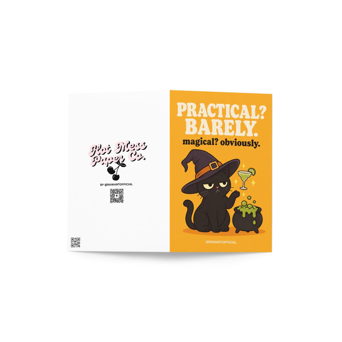 Funny witchy Halloween greeting card featuring a grumpy black cat wearing a witch hat beside a bubbling cauldron while magically levitating a margarita, with the phrase “Practical? Barely. Magical? Obviously.”