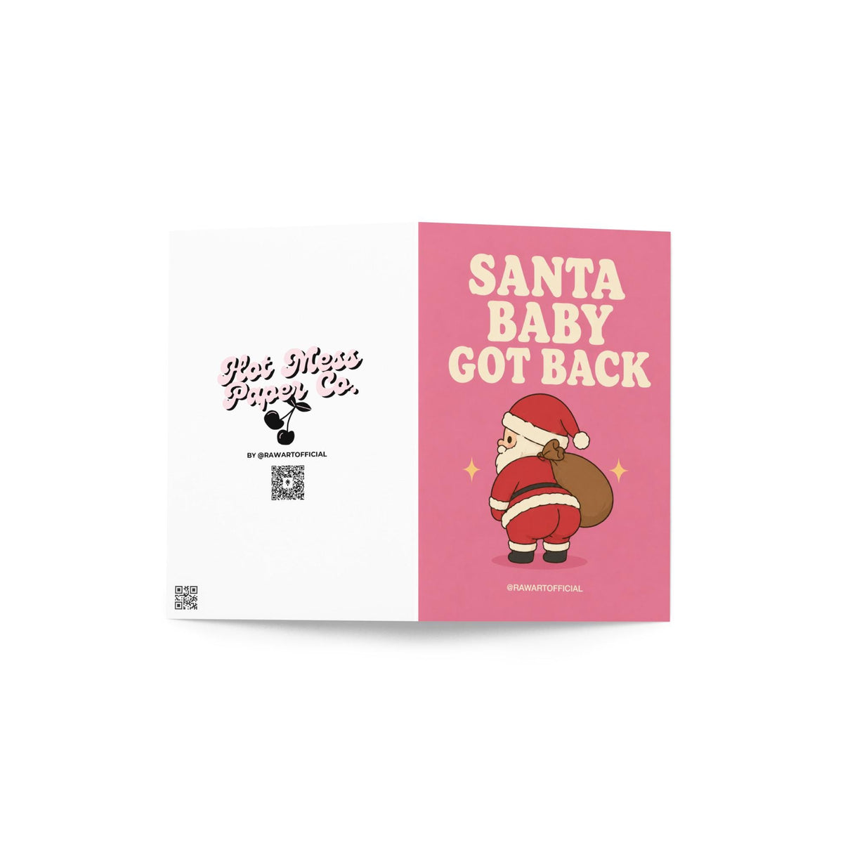 Funny Christmas card featuring Santa showing off his butt while carrying a sack of presents on a pink background with the phrase “Santa Baby Got Back.”