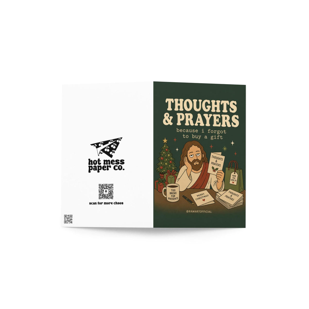 Funny Christmas card featuring Jesus at a Christmas table holding a Thoughts & Prayers card with gifts and a Christmas tree, reading “Thoughts & Prayers Because I Forgot to Buy a Gift.”