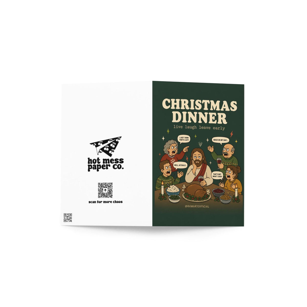 Funny Christmas card featuring Jesus sitting at a chaotic family Christmas dinner with relatives arguing around the table and the phrase “Christmas Dinner – Live Laugh Leave Early.”