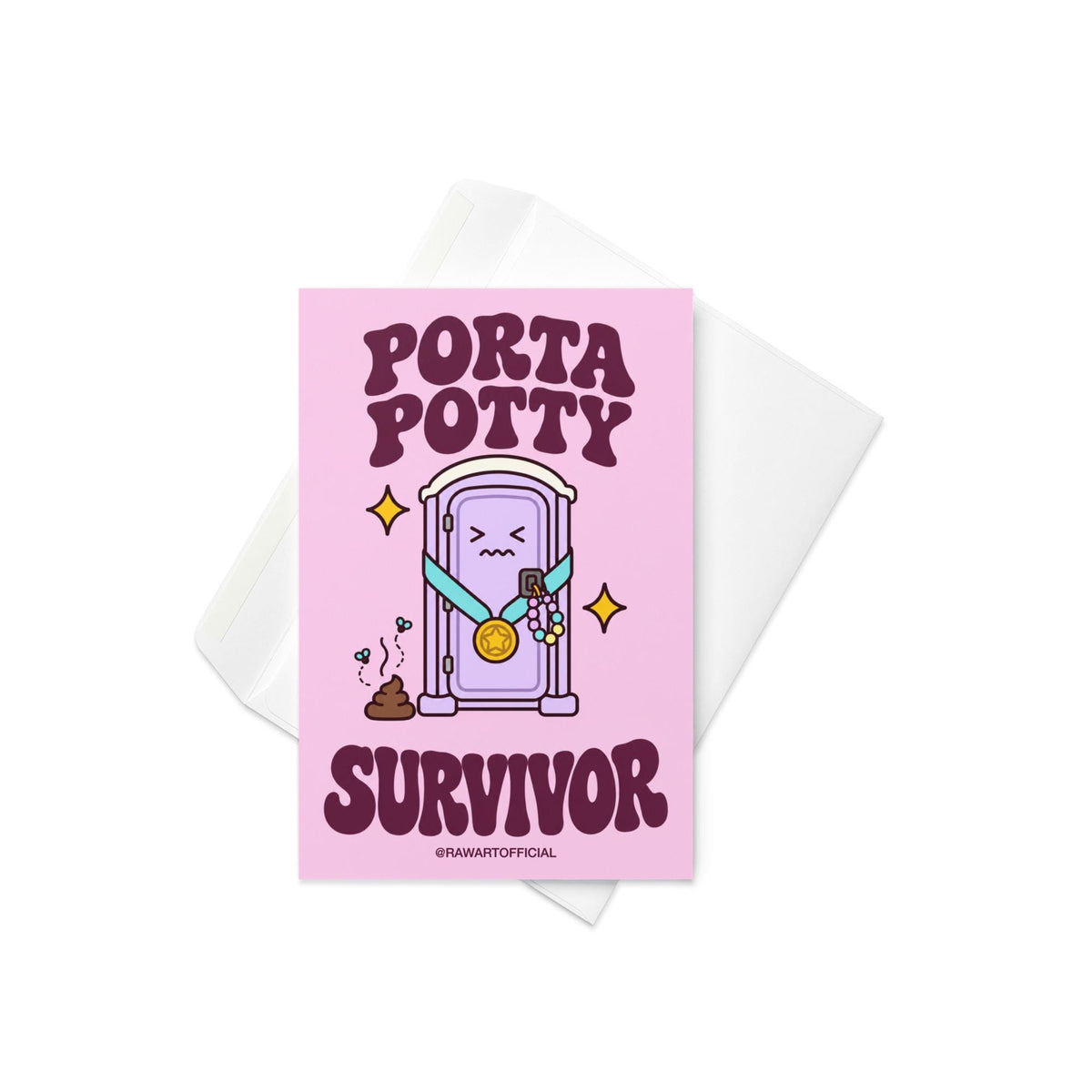 Funny rave festival greeting card featuring a purple porta potty with a gold survivor medal, colorful kandi bracelets, and a pile of poop with buzzing flies. Pink background with the phrase "Porta Potty Survivor." Perfect for EDM lovers, festival besties, and ravers.