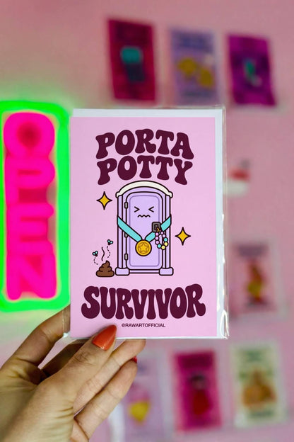 Funny rave festival greeting card featuring a purple porta potty with a gold survivor medal, colorful kandi bracelets, and a pile of poop with buzzing flies. Pink background with the phrase "Porta Potty Survivor." Perfect for EDM lovers, festival besties, and ravers.