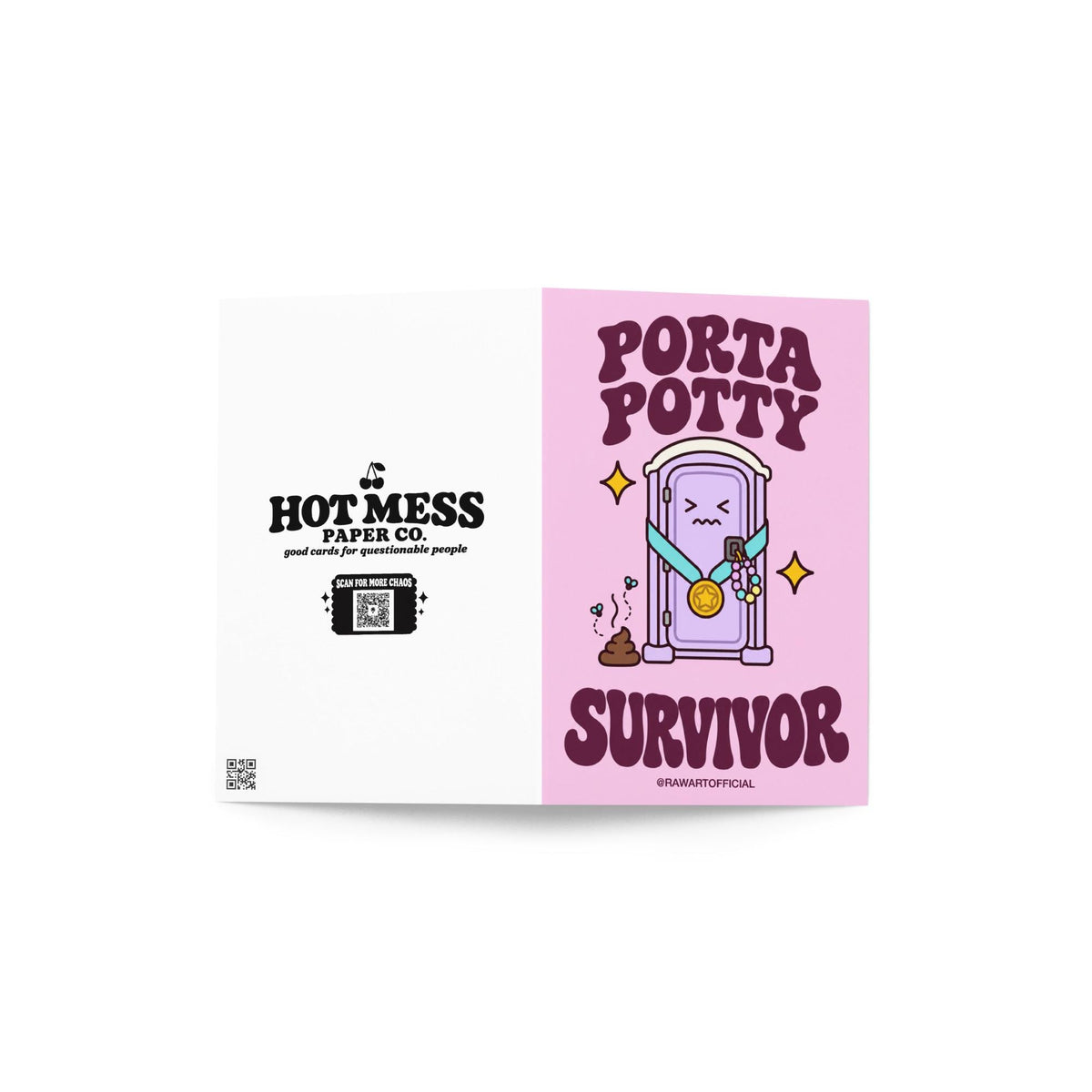 Funny rave festival greeting card featuring a purple porta potty with a gold survivor medal, colorful kandi bracelets, and a pile of poop with buzzing flies. Pink background with the phrase "Porta Potty Survivor." Perfect for EDM lovers, festival besties, and ravers.