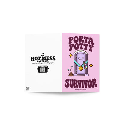 Funny rave festival greeting card featuring a purple porta potty with a gold survivor medal, colorful kandi bracelets, and a pile of poop with buzzing flies. Pink background with the phrase "Porta Potty Survivor." Perfect for EDM lovers, festival besties, and ravers.