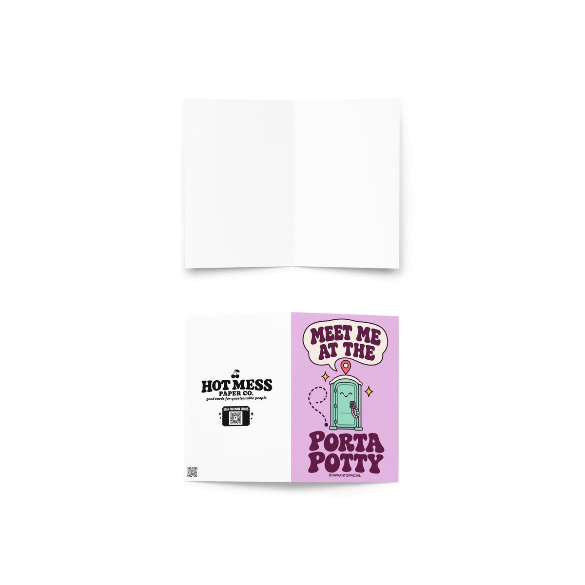 Funny rave festival card featuring a smiling mint-green porta potty decorated with colourful kandi bracelets, a location pin, and yellow sparkles against a pastel lavender background. Bold retro purple lettering reads “Meet Me at the Porta Potty.” Humorous EDM friendship greeting card for music festival besties and ravers.