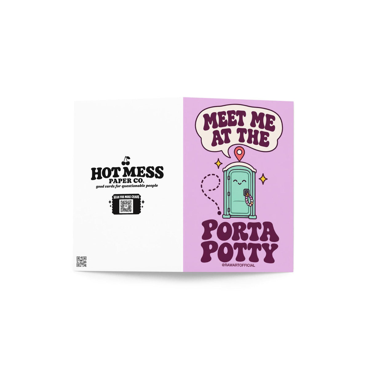 Funny rave festival card featuring a smiling mint-green porta potty decorated with colourful kandi bracelets, a location pin, and yellow sparkles against a pastel lavender background. Bold retro purple lettering reads “Meet Me at the Porta Potty.” Humorous EDM friendship greeting card for music festival besties and ravers.