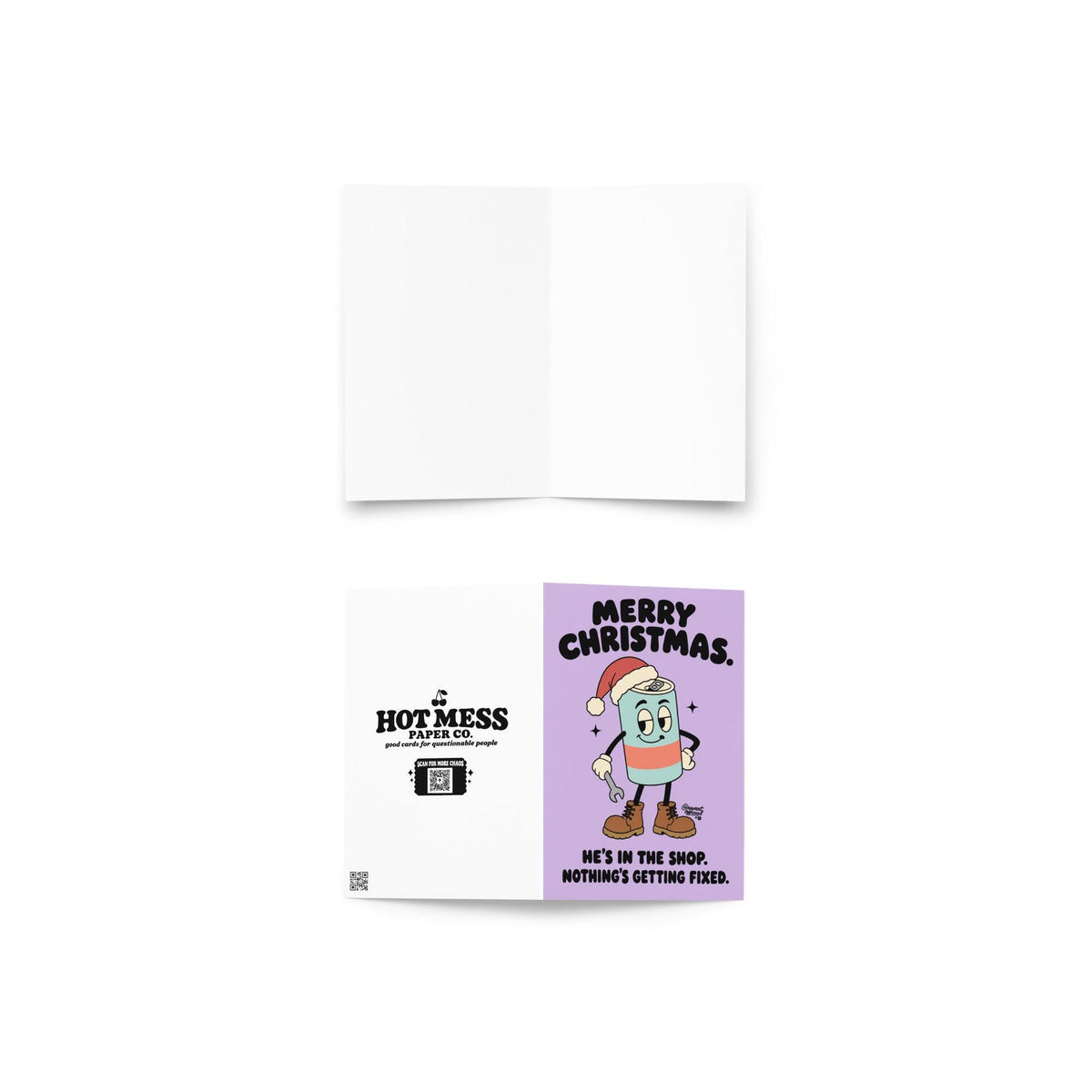 Funny Christmas greeting card featuring a cartoon energy drink can wearing a red Santa hat, brown work boots, and white gloves while holding a wrench. Pastel lavender background with bold black retro lettering reading “Merry Christmas. He's in the Shop. Nothing's Getting Fixed.” Humorous holiday card for mechanics, oilfield workers, tradesmen, and garage enthusiasts.