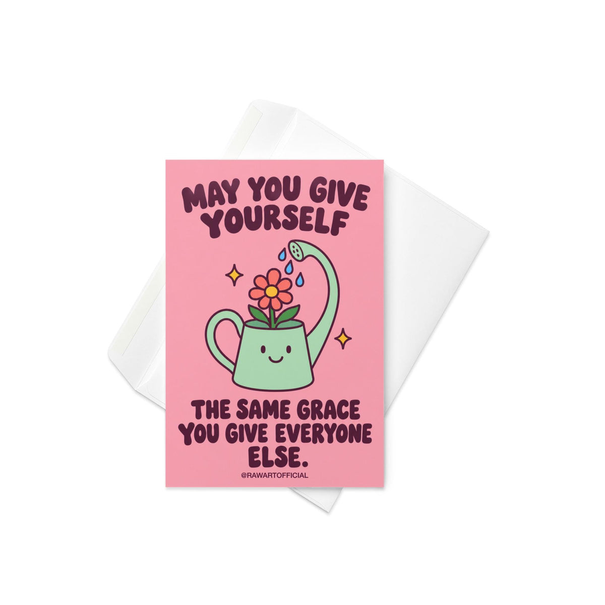 Heartfelt encouragement greeting card featuring a smiling mint-green watering can watering a pink flower with blue droplets, surrounded by golden sparkles on a soft pink background. Bold dark plum retro lettering reads “May You Give Yourself the Same Grace You Give Everyone Else.” Gentle self-love and self-compassion card by Hot Mess Paper Co.