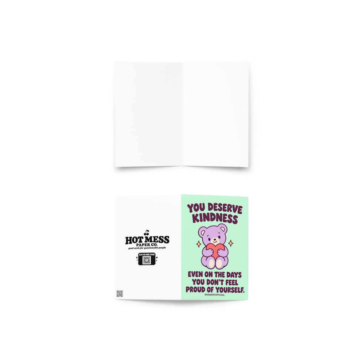 Heartfelt encouragement greeting card featuring a cute lavender teddy bear holding a coral pink heart, surrounded by small golden sparkles on a mint-green background. Bold dark plum retro lettering reads “You Deserve Kindness Even on the Days You Don't Feel Proud of Yourself.” Gentle self-love and self-compassion card by Hot Mess Paper Co.