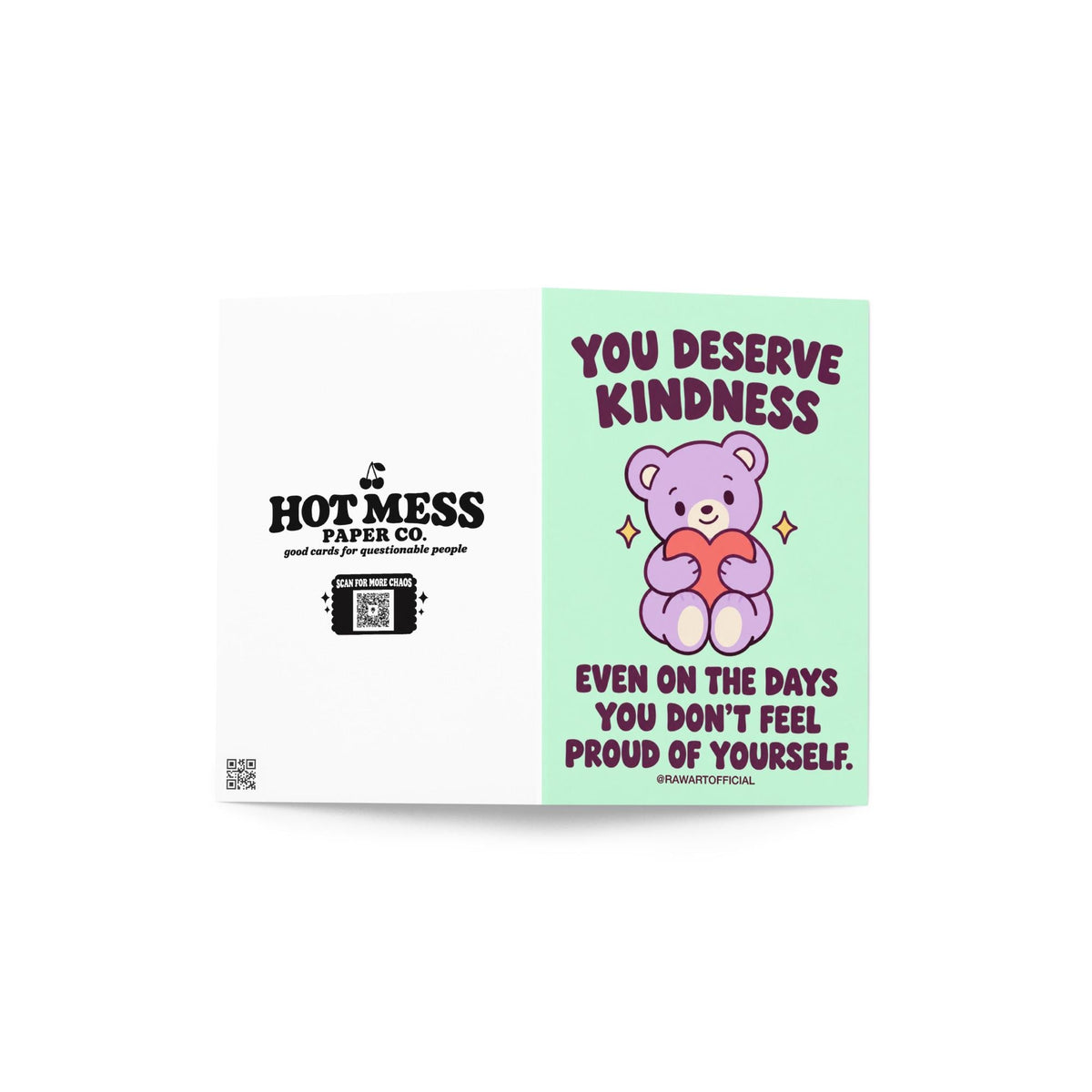 Heartfelt encouragement greeting card featuring a cute lavender teddy bear holding a coral pink heart, surrounded by small golden sparkles on a mint-green background. Bold dark plum retro lettering reads “You Deserve Kindness Even on the Days You Don't Feel Proud of Yourself.” Gentle self-love and self-compassion card by Hot Mess Paper Co.