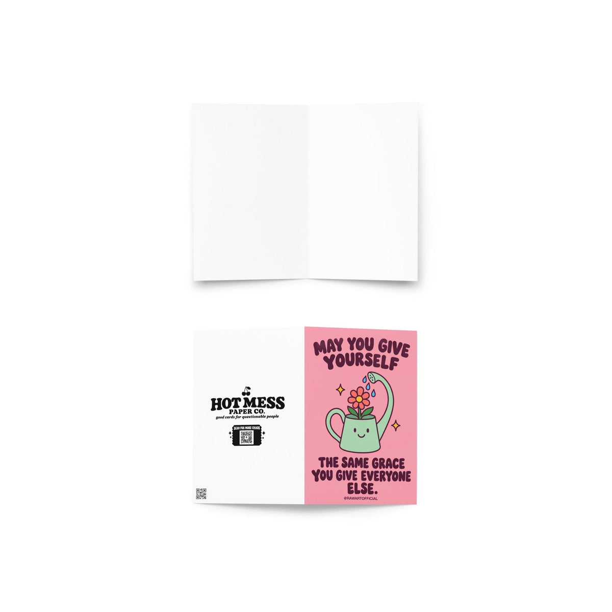 Heartfelt encouragement greeting card featuring a smiling mint-green watering can watering a pink flower with blue droplets, surrounded by golden sparkles on a soft pink background. Bold dark plum retro lettering reads “May You Give Yourself the Same Grace You Give Everyone Else.” Gentle self-love and self-compassion card by Hot Mess Paper Co.