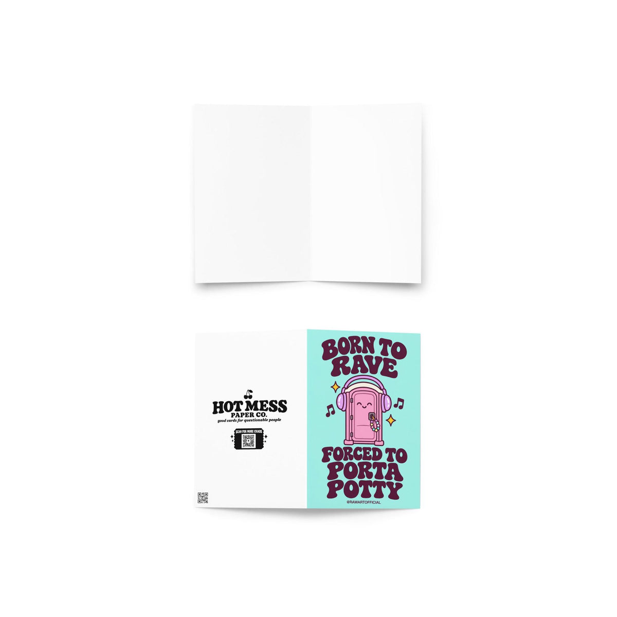 Funny rave festival card featuring a smiling pink porta potty wearing oversized purple headphones with colourful kandi bracelets hanging from its door. Musical notes and yellow sparkles surround the illustration against a bright mint-green background. Bold retro purple lettering reads “Born to Rave, Forced to Porta Potty.” Humorous EDM greeting card for music festival lovers and rave besties.