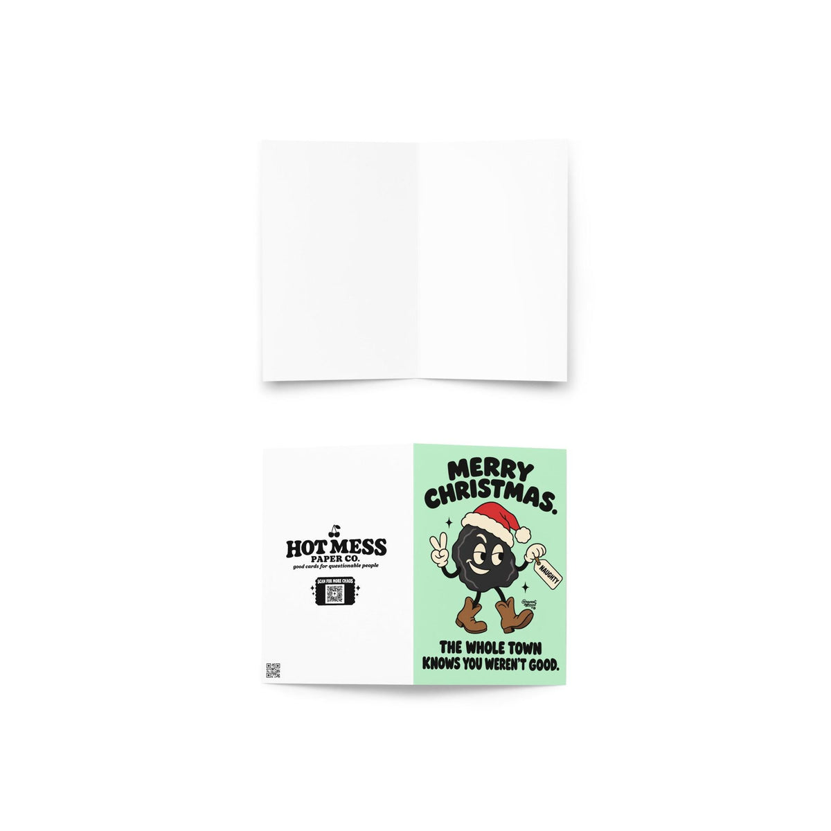 Funny Christmas greeting card featuring a smiling black lump of coal wearing a red Santa hat and brown cowboy boots, flashing a peace sign and holding a naughty list tag. Mint-green background with bold black retro lettering reading “Merry Christmas. The Whole Town Knows You Weren't Good.” Humorous small-town holiday card inspired by Christmas gossip and Santa's naughty list.