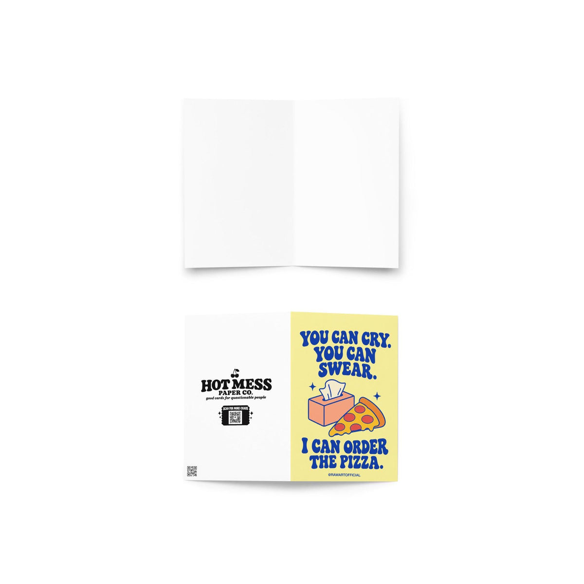 Unconventional sympathy greeting card featuring a peach-coloured tissue box and a slice of pepperoni pizza on a soft yellow background. Bold blue retro lettering reads “You Can Cry. You Can Swear. I Can Order the Pizza.” A heartfelt, lighthearted grief support card offering comfort and friendship during difficult times.