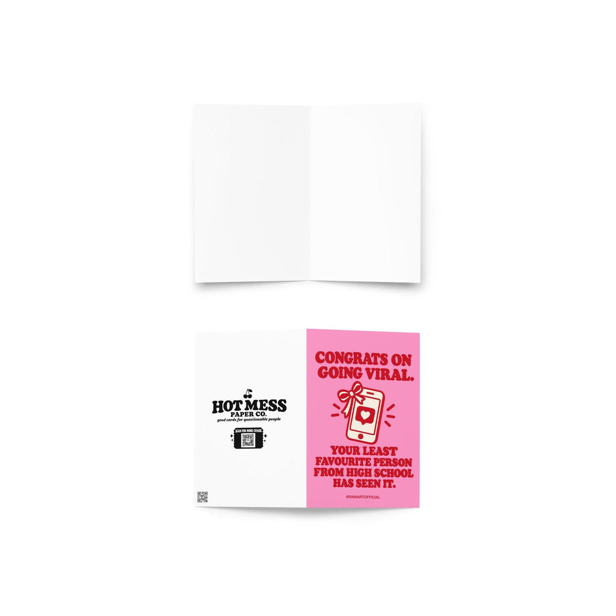 Bright pink funny congratulations greeting card with bold red retro lettering reading “Congrats on Going Viral. Your Least Favourite Person From High School Has Seen It.” Features a white smartphone illustration tied with a red celebration bow, displaying a heart notification icon. A humorous social media milestone card for influencers, TikTok creators, Instagram personalities, and anyone celebrating a viral post.