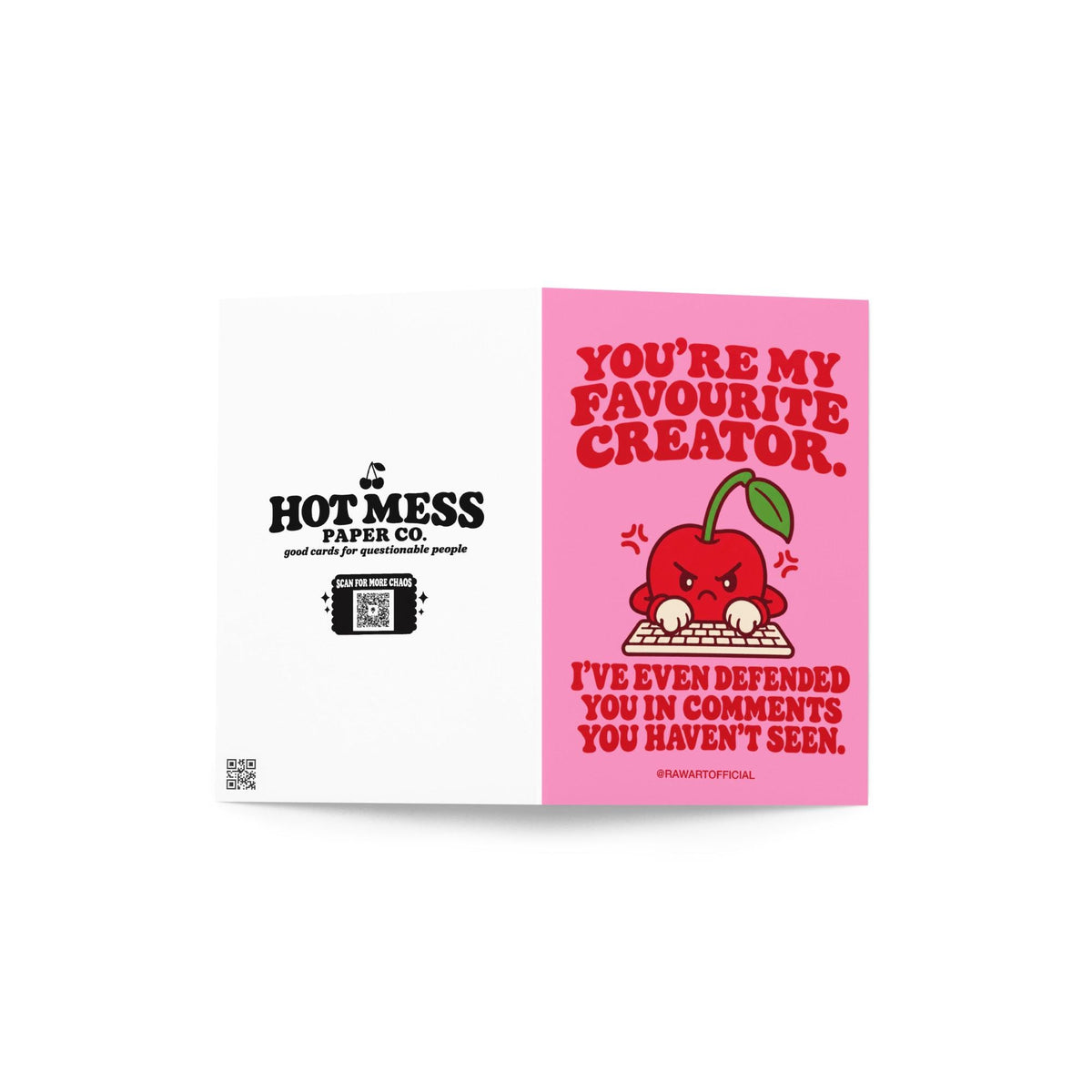 Funny content creator appreciation greeting card featuring an angry red cartoon cherry typing at a computer keyboard on a bright pink background. Bold red retro lettering reads “You're My Favourite Creator. I've Even Defended You in Comments You Haven't Seen.” A humorous influencer thank you card for TikTokers, YouTubers, Instagram creators, and social media personalities.