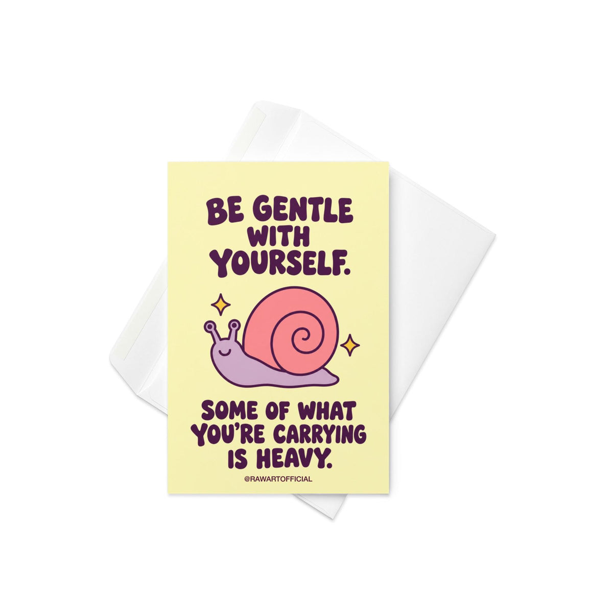 Heartfelt encouragement greeting card with a pastel yellow background and bold dark plum retro lettering reading “Be Gentle With Yourself. Some of What You're Carrying Is Heavy.” Features a smiling lavender snail with a large pink spiral shell and two golden sparkles. Gentle thinking-of-you and emotional support card by Hot Mess Paper Co.