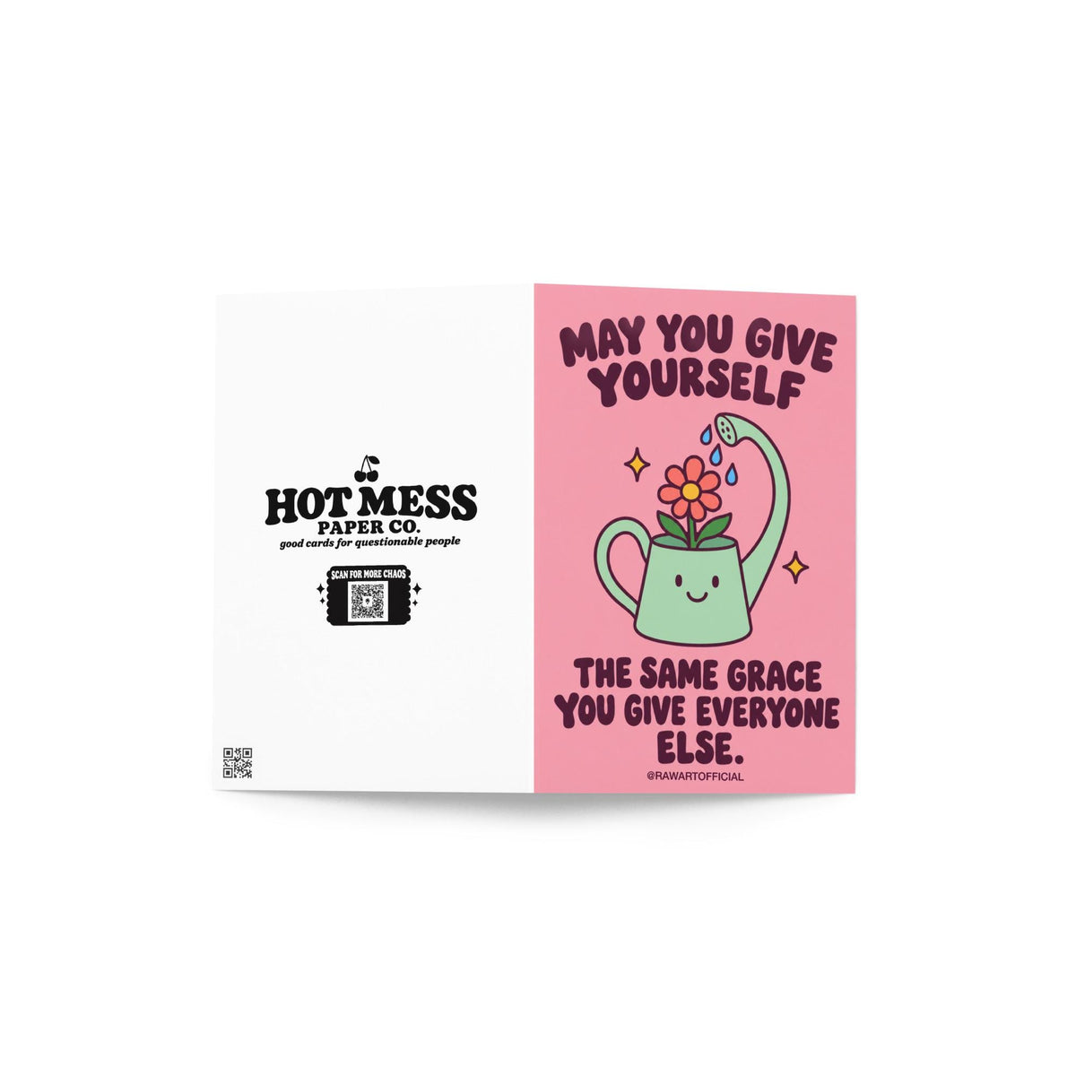 Heartfelt encouragement greeting card featuring a smiling mint-green watering can watering a pink flower with blue droplets, surrounded by golden sparkles on a soft pink background. Bold dark plum retro lettering reads “May You Give Yourself the Same Grace You Give Everyone Else.” Gentle self-love and self-compassion card by Hot Mess Paper Co.