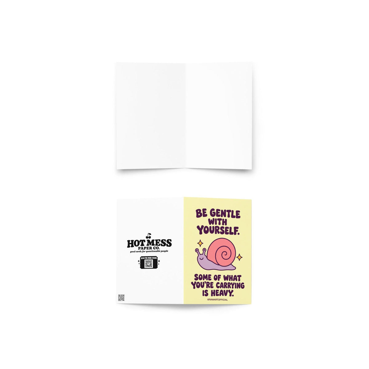 Heartfelt encouragement greeting card with a pastel yellow background and bold dark plum retro lettering reading “Be Gentle With Yourself. Some of What You're Carrying Is Heavy.” Features a smiling lavender snail with a large pink spiral shell and two golden sparkles. Gentle thinking-of-you and emotional support card by Hot Mess Paper Co.