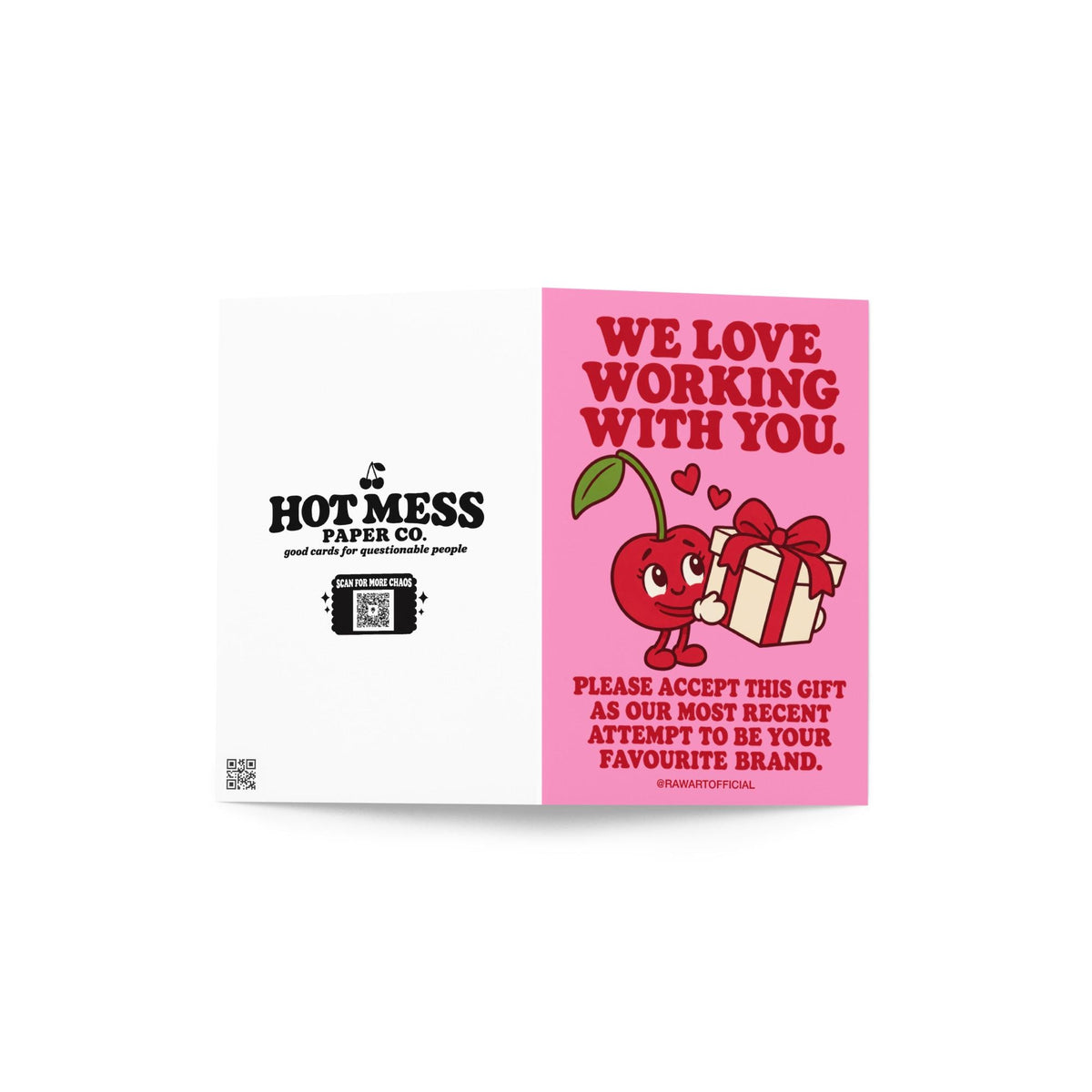 Pink influencer appreciation greeting card with bold red retro lettering reading “We Love Working With You. Please Accept This Gift as Our Most Recent Attempt to Be Your Favourite Brand.” Features a cute smiling red cartoon cherry holding a white gift box tied with a red ribbon, with two floating hearts. A playful brand collaboration thank you card for content creators and influencer PR packages.