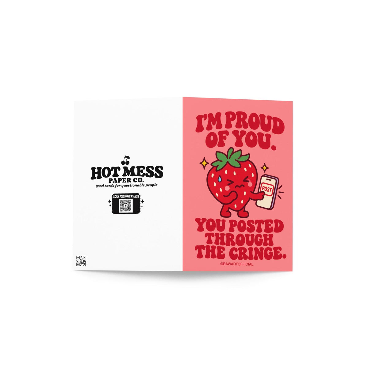 Coral-pink content creator encouragement greeting card with bold red retro lettering reading “I'm Proud of You. You Posted Through the Cringe.” Features a cute red cartoon strawberry with a nervous expression and a sweat drop, holding a smartphone displaying a POST button, surrounded by small yellow sparkles. Funny supportive card for influencers, TikTok creators, Instagram content creators, and anyone overcoming the fear of posting online.