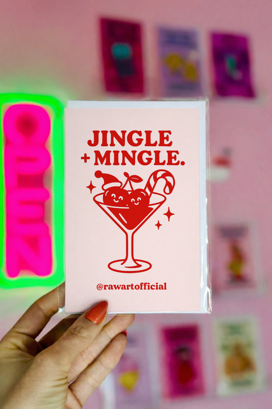 Retro Christmas cocktail card with smiling cherries and candy cane.