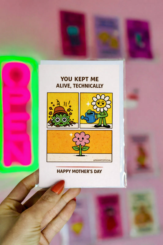 Card with cartoon illustrations and text held by a hand, with colorful background. Mother’s Day card with retro comic panels showing a messy plant, a flower mom watering it, and a happy blooming flower with the text “You Kept Me Alive, Technically” and “Happy Mother’s Day.”