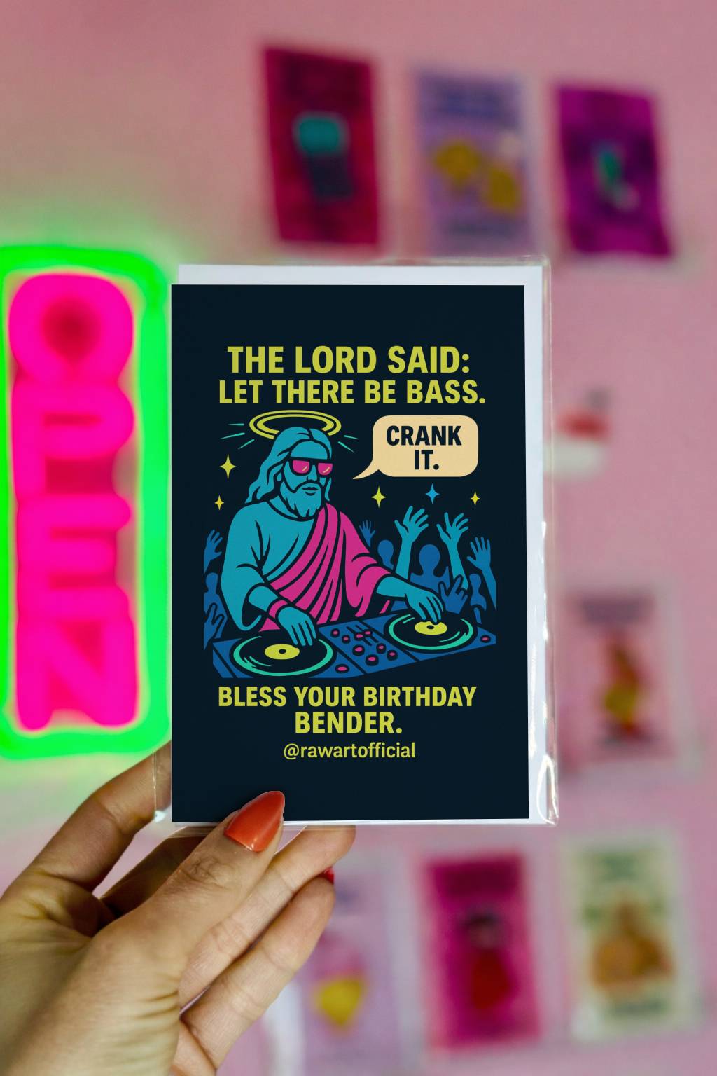 Funny DJ Jesus rave birthday card with neon colors, bass humor, and dancing crowd.