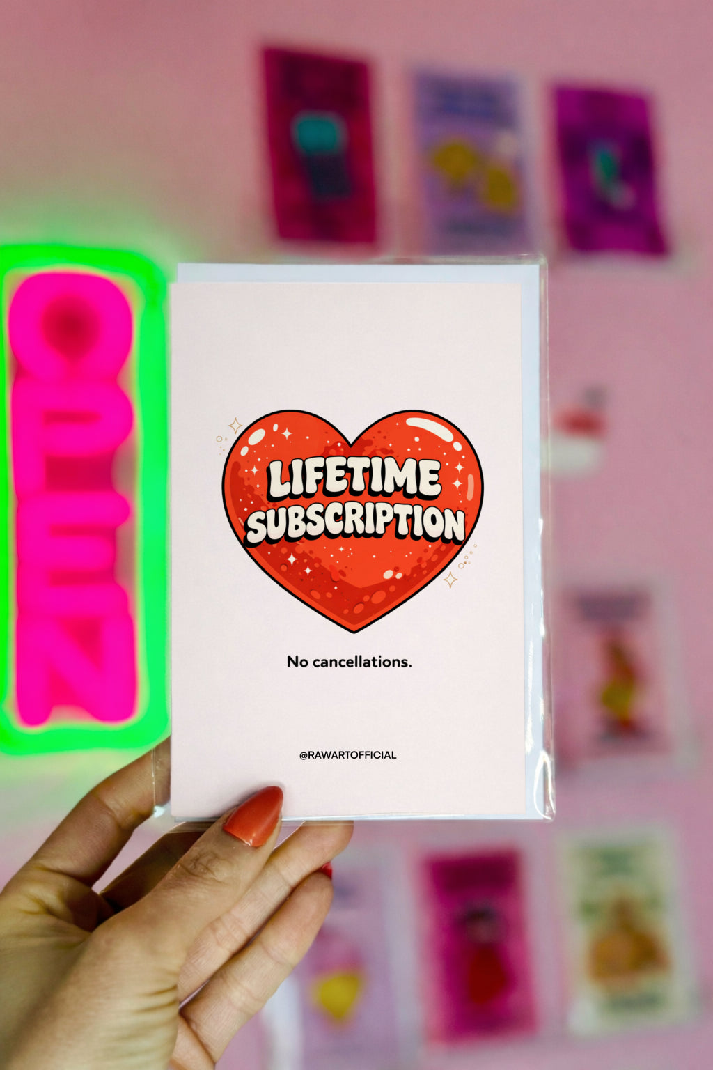 Funny wedding card with red heart and text lifetime subscription no cancellations modern newlywed humor design