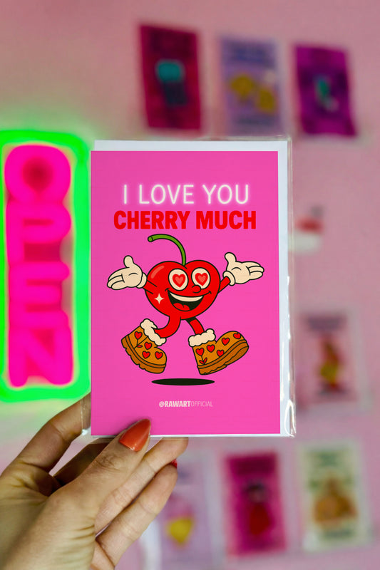 Retro cherry cartoon with heart eyes in Ugg boots, holding arms wide under neon text saying “I Love You Cherry Much” on a pink background.