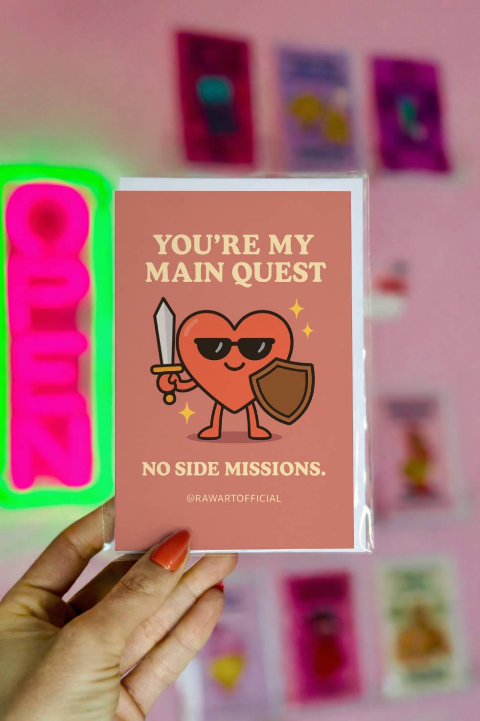 Funny gamer love card with cartoon heart character holding a sword and shield with text “You’re My Main Quest – No Side Missions.”