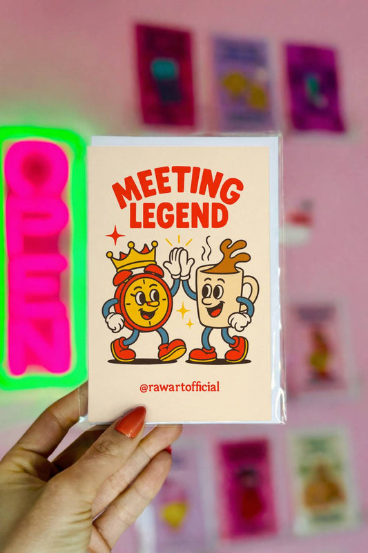 Greeting card featuring a cartoon clock and coffee mug high-fiving with the text “Meeting Legend” on a neutral background.