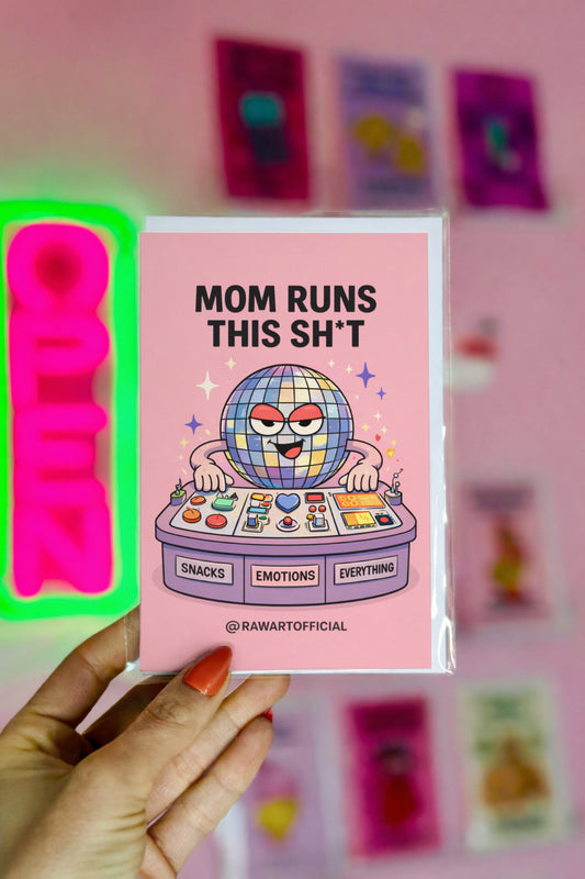 funny mother’s day card with disco ball character at control panel mom runs this sh*t pink background illustration