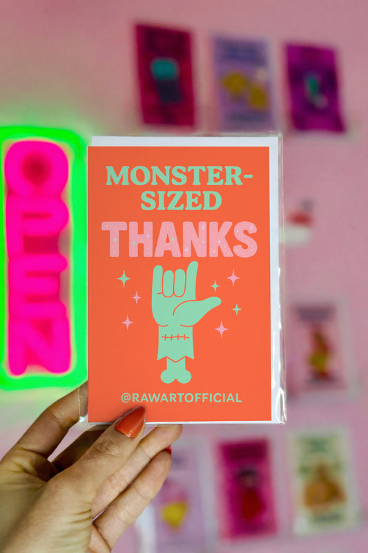 Halloween thank you card with green monster hand and pastel sparkles, reading “Monster-Sized Thanks,” retro Hot Mess Paper Co design by @rawartofficial.