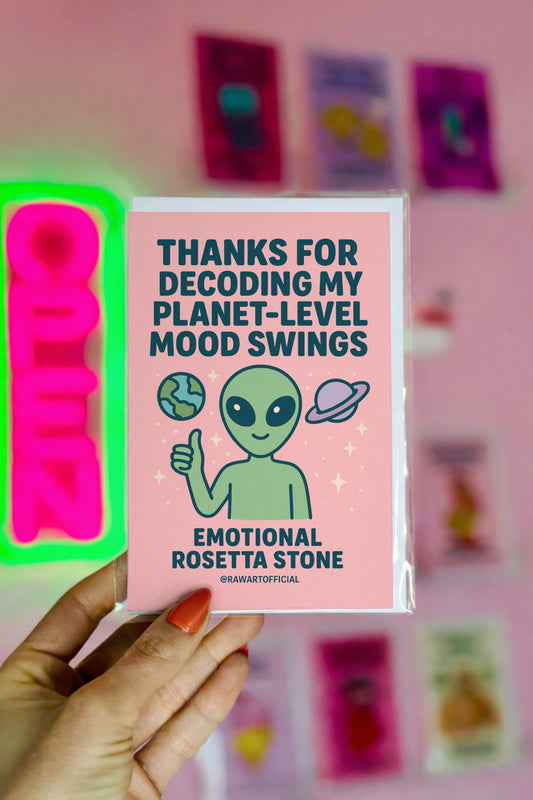 Cute alien holding thumbs-up with planets, funny mood swing Valentine’s Day card design.