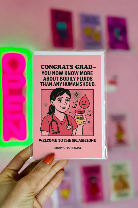 Funny nurse graduation card with nurse holding urine sample and text you now know more about bodily fluids than any human should welcome to the splash zone