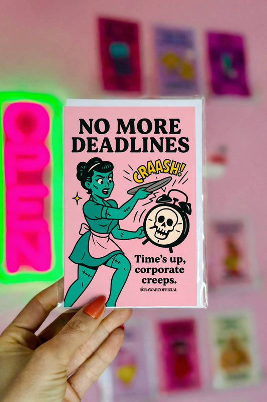 Pink spooky resignation card featuring a Frankenstein-style woman smashing a skull alarm clock with the phrase “No More Deadlines.”