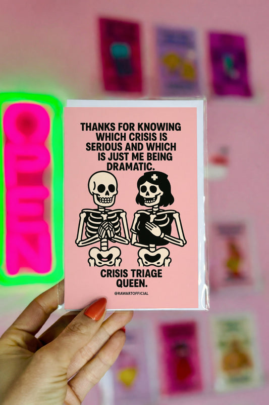 Two cute skeletons, one dressed as a nurse, with text “Crisis Triage Queen” on a pink background.