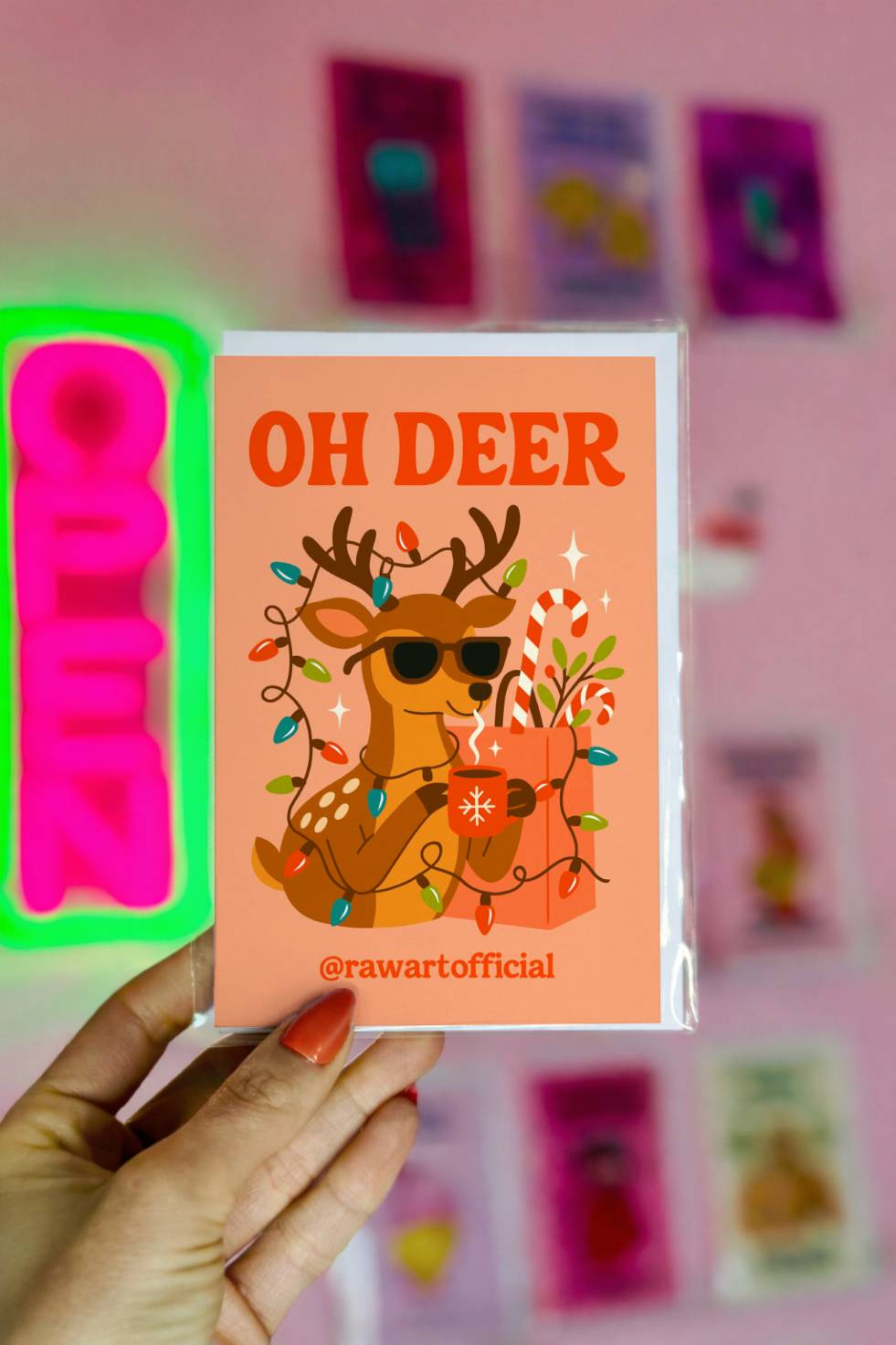 Funny Christmas greeting card with sunglasses reindeer and text “Oh Deer.”
