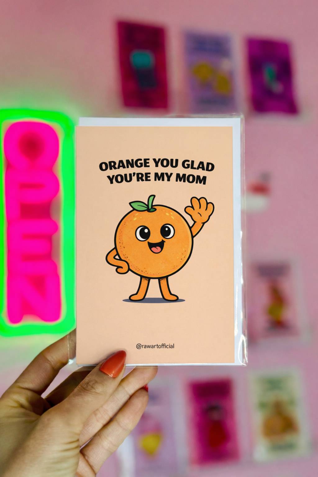 funny mother’s day greeting card with smiling orange character waving and text orange you glad you’re my mom