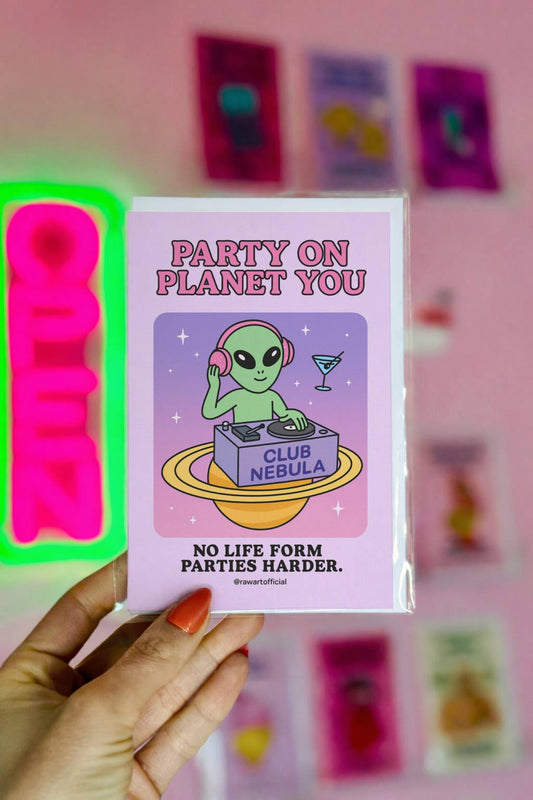 Retro cartoon alien DJ spinning records on a planet at “Club Nebula” with text “Party on Planet You.”
