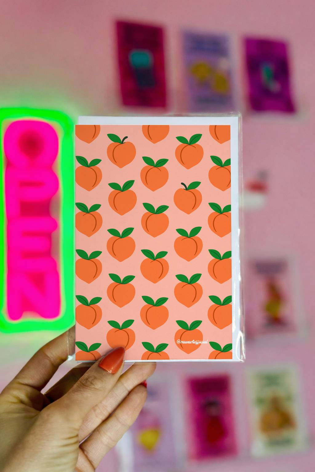 Retro peach greeting card with bold fruit pattern, playful Y2K vibes